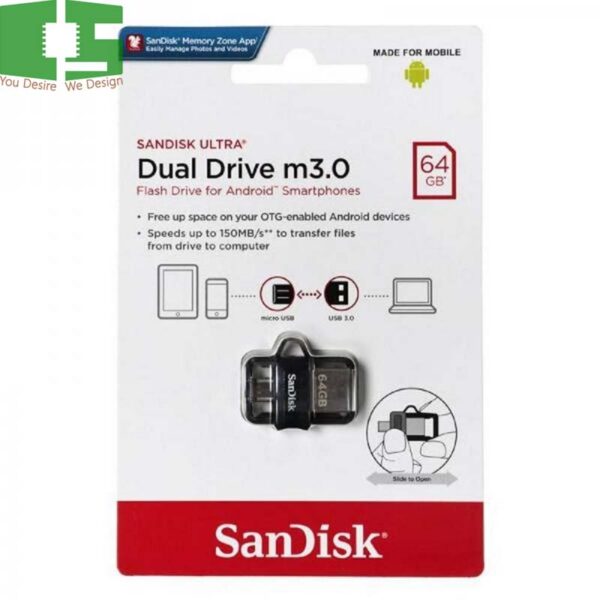 SanDisk 64GB Ultra Dual Drive MicroUSB M3.0 for Android Devices & Computers Chipspace